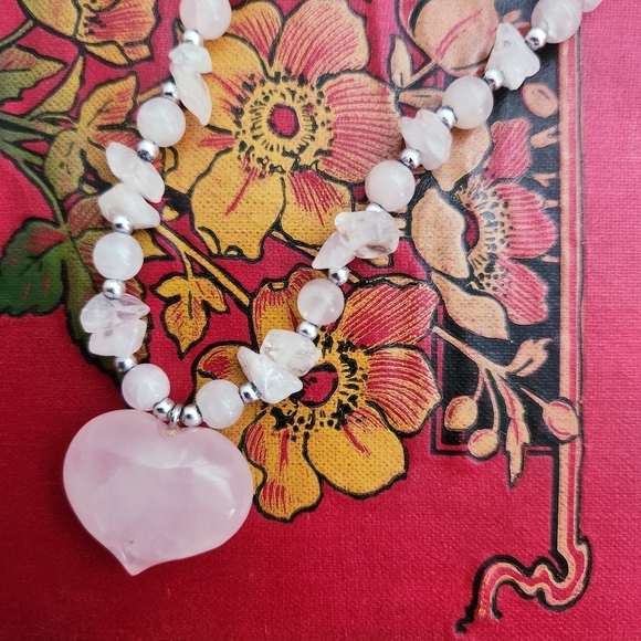 Rose Quartz Natural Stone Heart Necklace Chocker - Picture 1 of 7